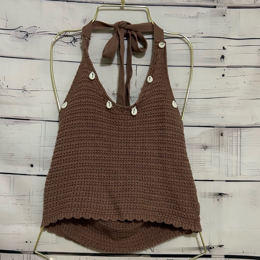 Sincerely Jules | Women's Crochet Knit Brown Halter Top With Shells Size M - Picture 1 of 8